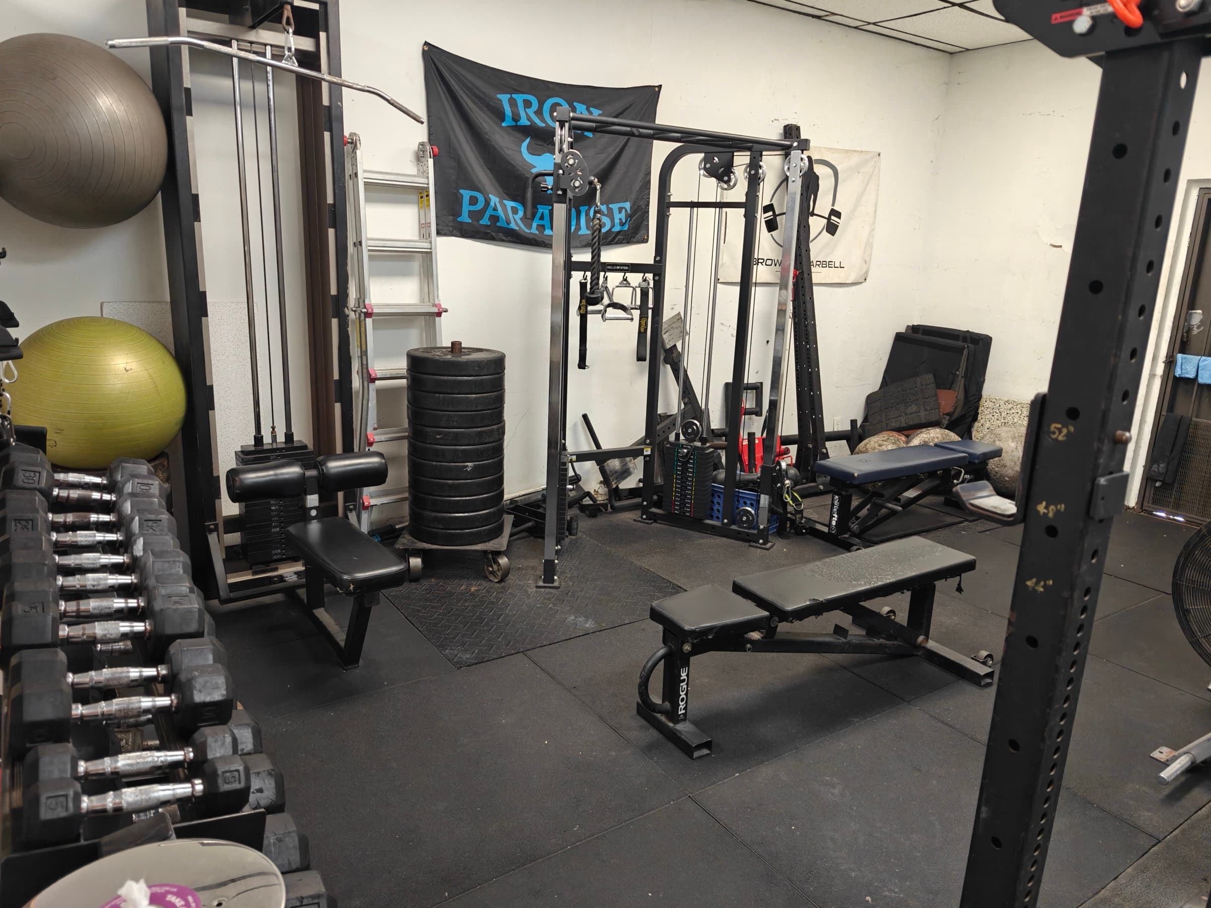 Cable machines, dumbbells and benches at Broward Strength