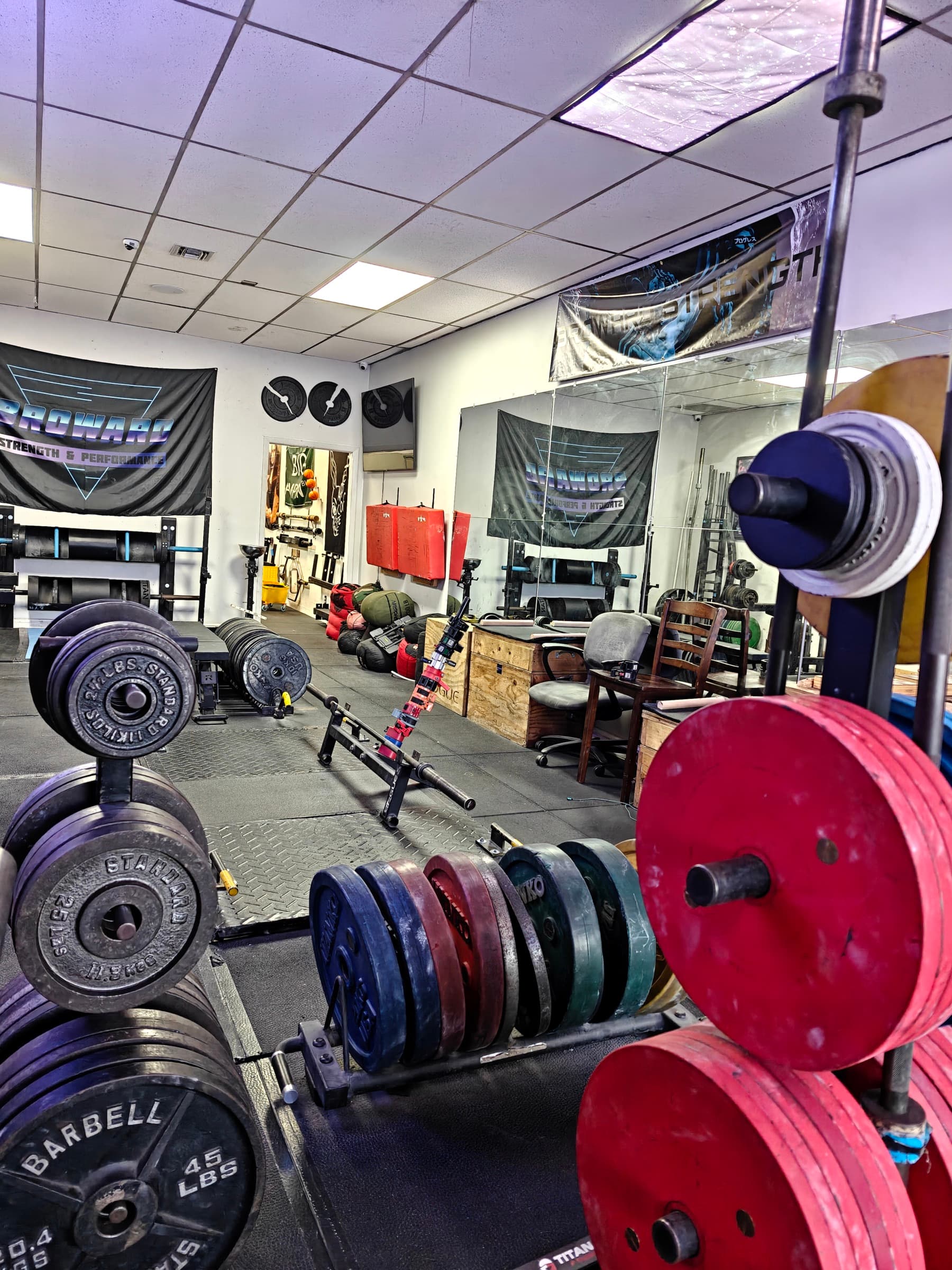 Loaded plates and equipment across the Broward Strength training floor