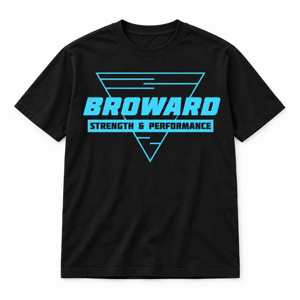 Black Broward Strength & Performance t-shirt with the logo printed in bright blue